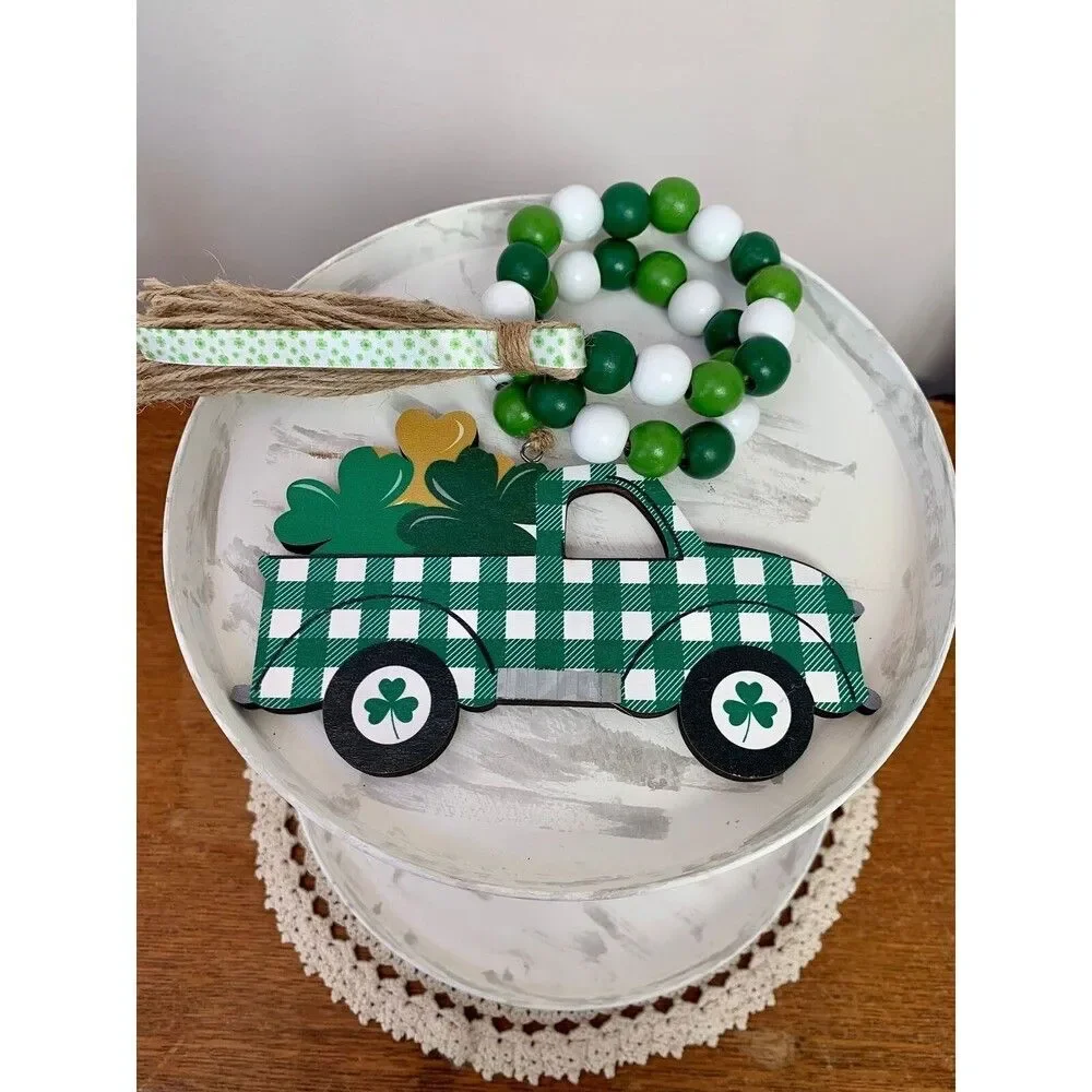 St Patrick’s Day Truck Tiered Tray Decor, St Patrick’s Day Beaded Garland Decor